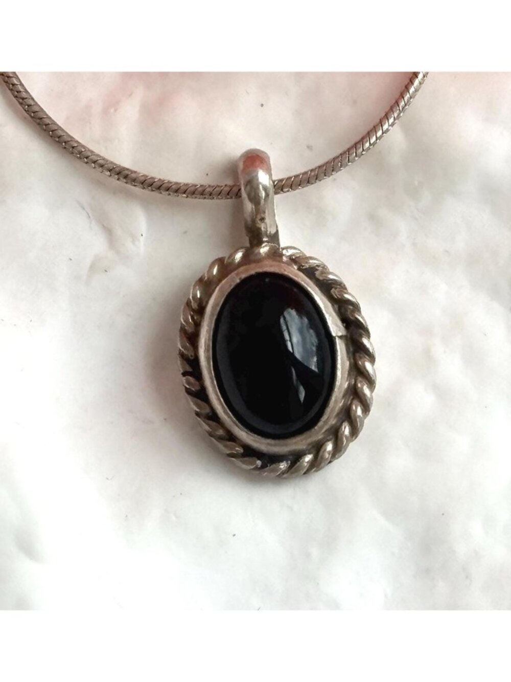 Art Deco Black Onyx Rope Sterling Silver 925 Oval Vintage Pendant Necklace - 16"